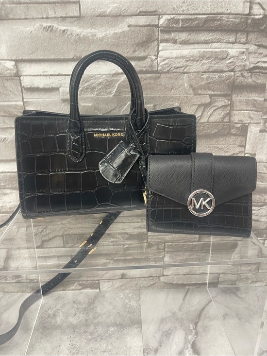 Michael Kors Handbags - Michael Kors Scarlett XS Black Croc Embossed Satchel with Matching Wallet
